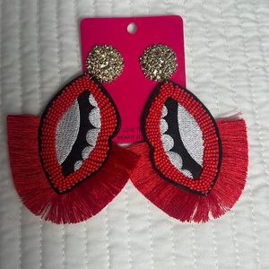 Red Fringe Lip Statement Earrings